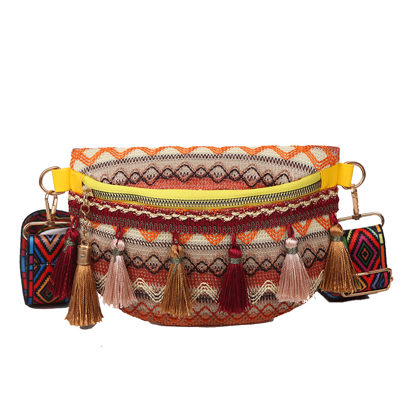 Bolso de mujer nueva pequeña fragancia bolso de pecho tejido estilo nacional de viento de color de choque bordilla nuevo cinturón de color retro bolso de cintura bolso de mochila