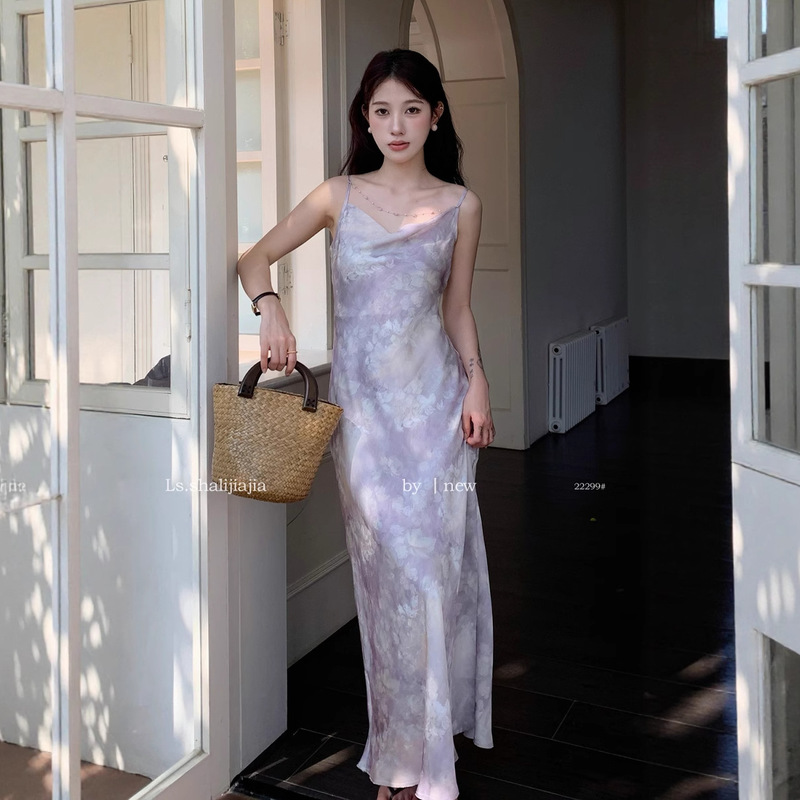 LS describes slim fit slim temperament dress women's elegant pearl chain decoration sleeveless suspender long skirt 22299