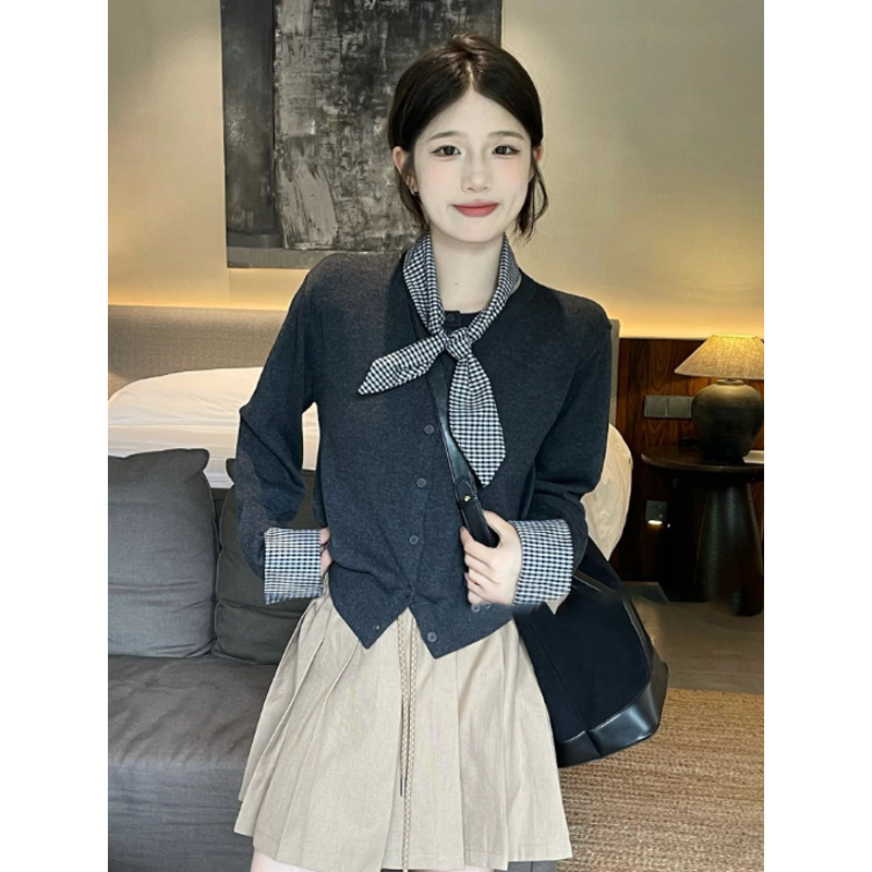 撞色假两件毛衣外套女2025早秋新款韩系高级气质别致针织开衫上衣|undefined