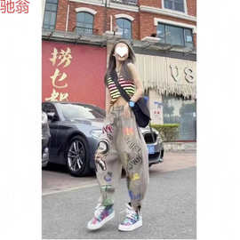 C3M【做旧风格】欧货印花破洞牛仔裤女2023春夏新款宽松百搭重工