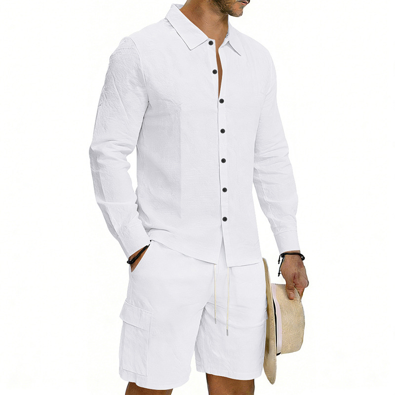 Summer Men's Linen Long Sleeved Shirt Casual Loose Fit Style With Multi Pockets Cargo Shorts Set_viptrois.com