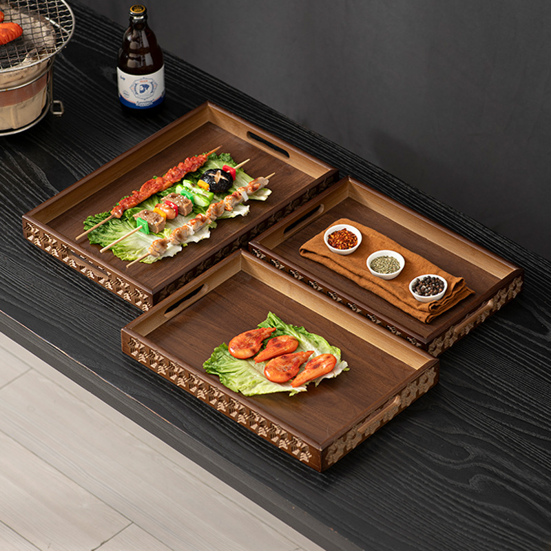 Heightened Non-Slip Bamboo Tray for Commercial Barbecue Serving, Café Beverage Tray, and Home Fruit Display Tray