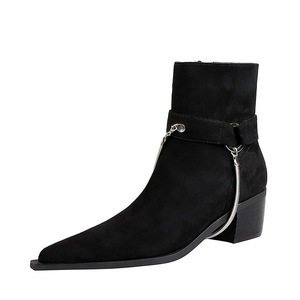 009-19 Fashion European American Metal Chain Knight Boots Pointed Suede Coarse Heel Short Boots Chelsea Martin Boots Wom