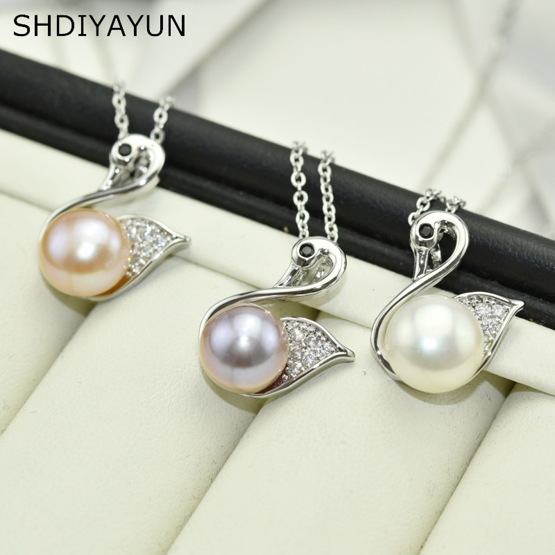 925半银小天鹅淡水珍珠吊坠项链铜镀真金首饰珍珠链珠宝白珍珠|ms