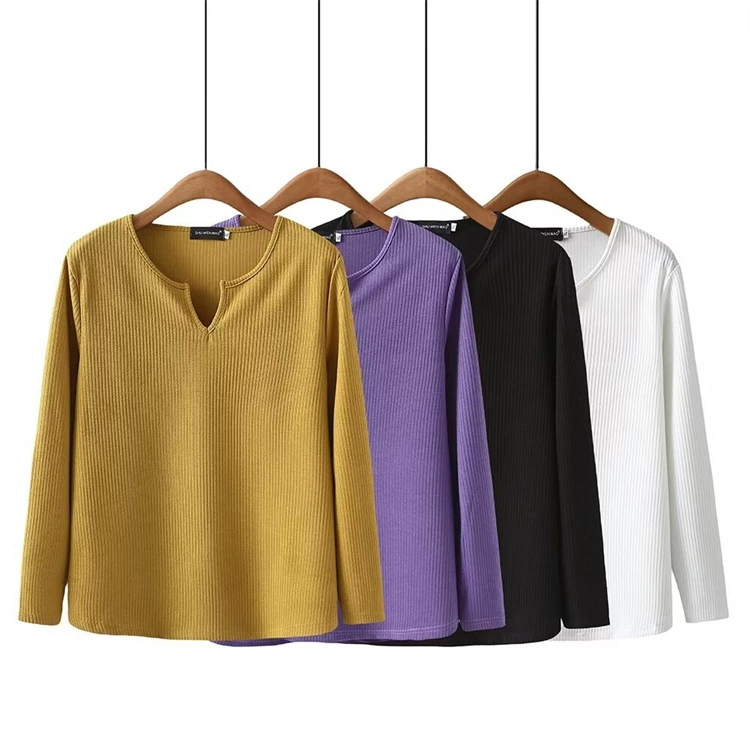 Женский нижний топ больших размеров 2024, Весенняя новая женская одежда, универсальная рубашка для похудения с длинным рукавом и V-образным вырезом 2409