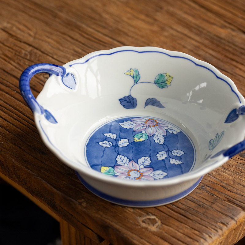 Japanese Imported Arita Ware Hand-Painted Colored Glaze Blue and White Double-Handle Bowl, Japanese-Style Rice Bowl, Floral Edge Fruit Bowl, Noodle Bowl, Soup Bowl Japanese Imported Arita Ware Hand-Painted Colored Glaze Blue and White Double-Handle Bowl, Japanese-Style Rice Bowl, Floral Edge Fruit Bowl, Noodle Bowl, Soup Bowl