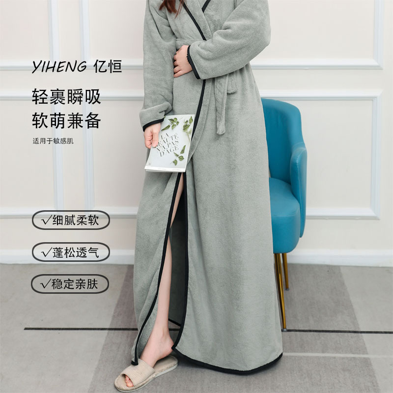 가을과 겨울 홈 성인 잠옷 여성 느슨한 목욕 타월 산호 양털 두꺼운 긴 소매 후드 흡수 목욕 가운 착용