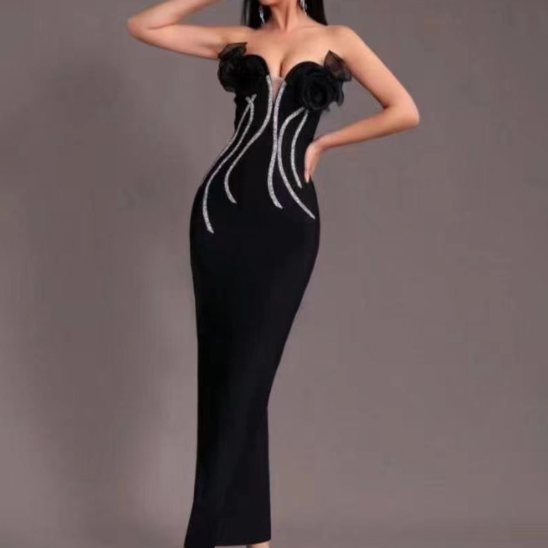 European and American New Fashion Sexy Strapless Flower Light Luxury Hot Drilling Sleeveless Tight Women's Bandage dress Evening Dress
