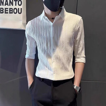 七分袖衬衫男痞帅夏季薄款半袖潮流短袖上衣修身中袖冰丝条纹衬衣