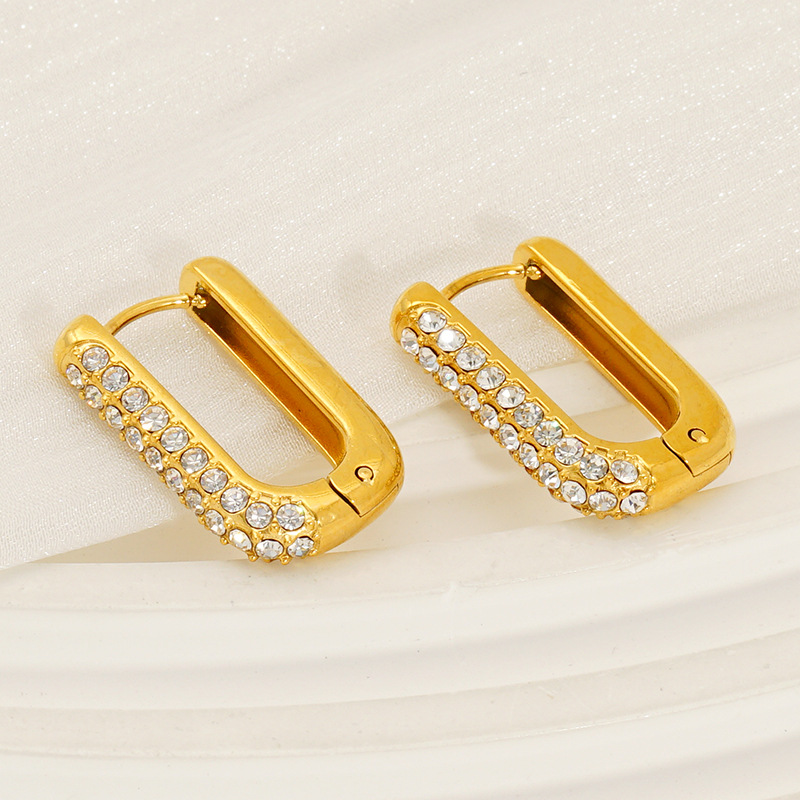 Venta caliente transfronteriza europea y americana Pendientes de moda simples y versátiles para mujer Pendientes rectangulares de medio incrustado en oro de 18 quilates para mujer