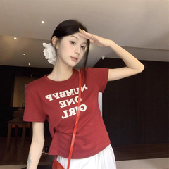 レタープリント韓国半袖Tシャツレディース2025年夏新作スリムフィット右肩プルオーバー学生トップスイン