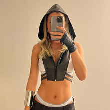 欧美风2025秋季新款女装性感辣妹露脐拉链连帽侧镂空PU皮小背心女