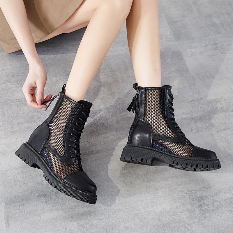 Inner Heightening Sandals for Women Summer Thin Breathable Short Boots 2024 New Soft Leather Inner Heightening Mesh Boots Cut Out Horse