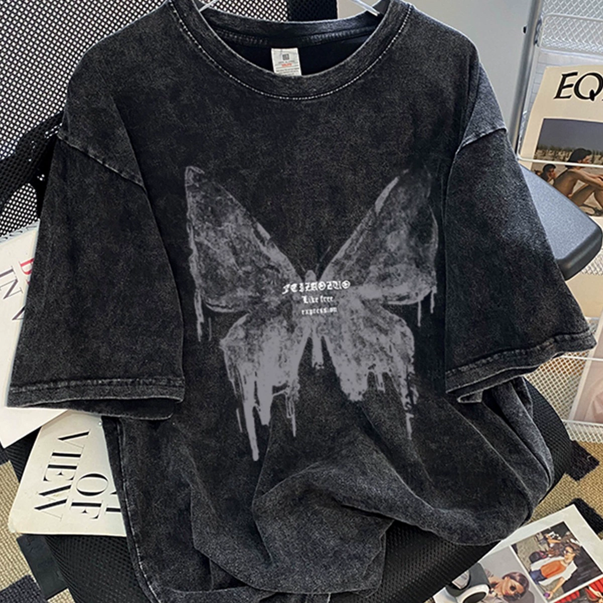 Футболка унисекс из хлопка, плюс-сайз свободного кроя с коротким рукавом — washed black (M–3XL)