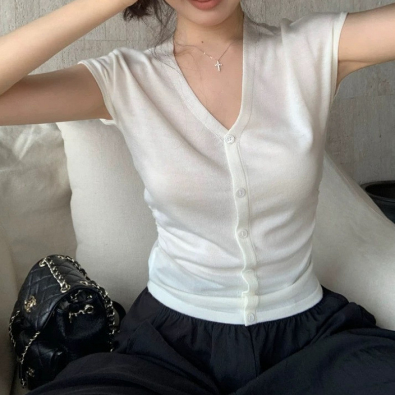 Summer New Style Tencel Short-Sleeved Cardigan Women's V-Neck Thin Breathable Short Jacket Slim Fit Slimming Base Top