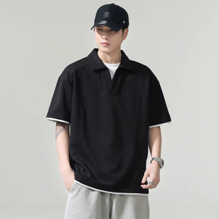 白色假两件短袖POLO衫男款夏季2026新款宽松百搭透气T恤上衣批发