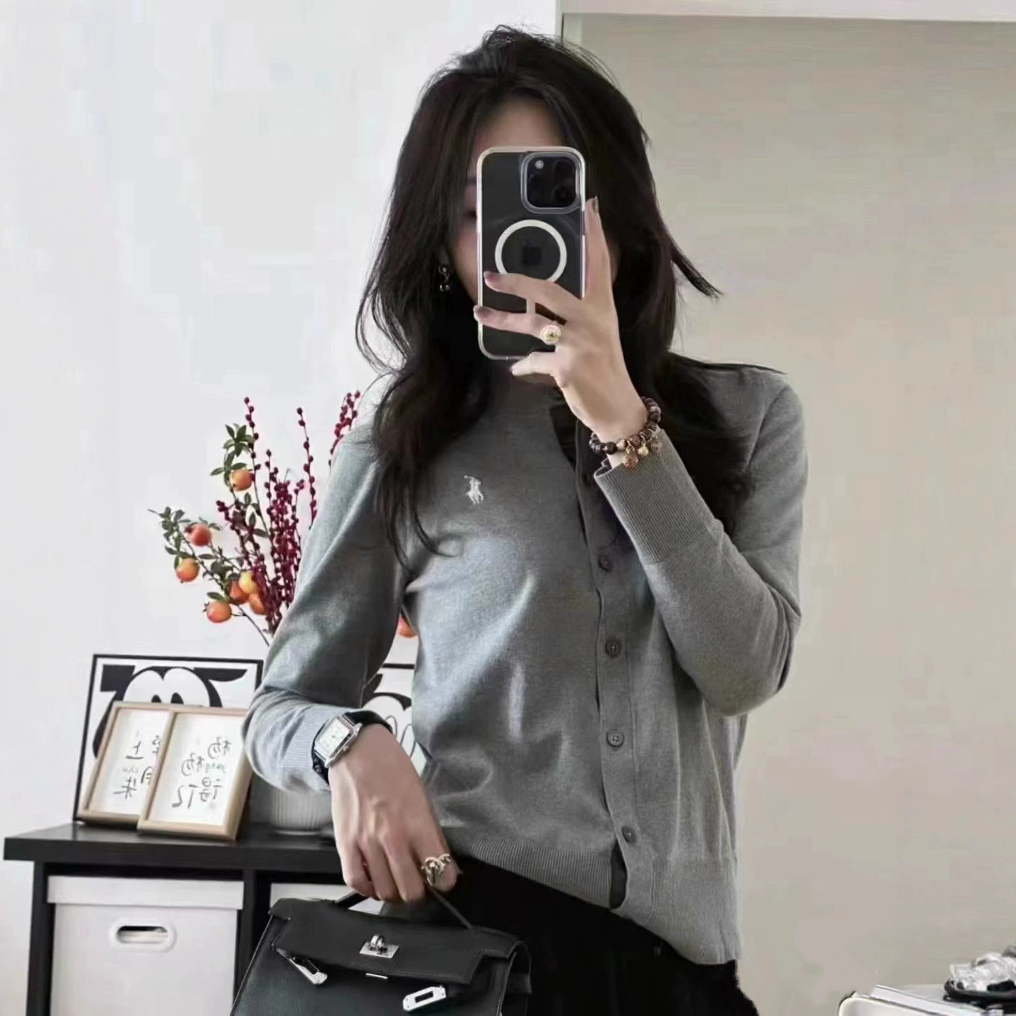 [Original Version and Original Label Can Be Scanned] Rl Raff Cardigan Knitted Gray High-End Round Neck Pony Logo Women's Top