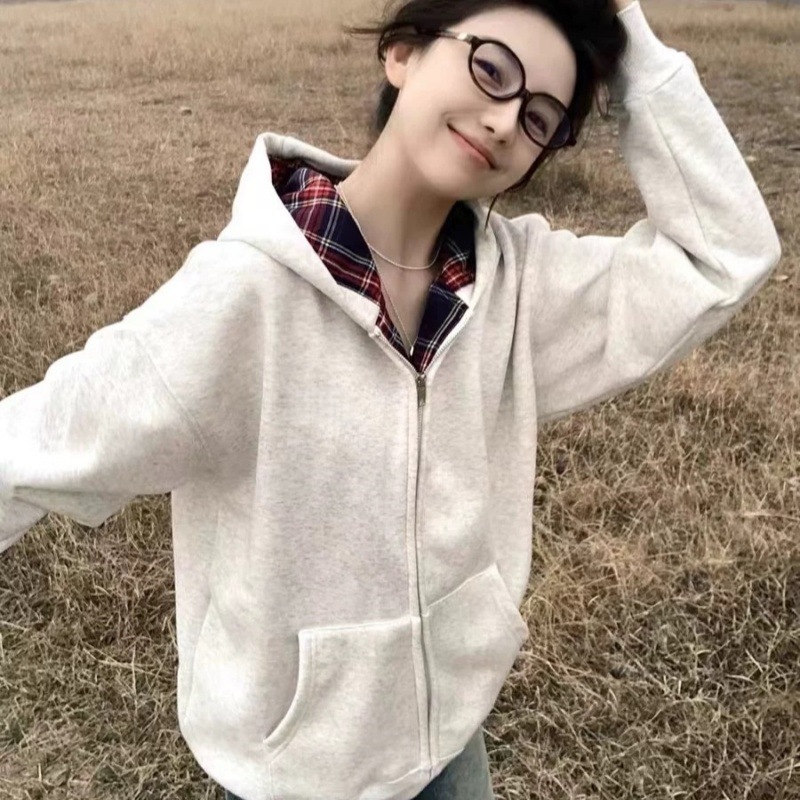 Imitation Cotton Huamian Composite Lazy Splicing Preppy Hooded Sweatshirt Women's Loose Korean Cardigan Zipper American Jacket