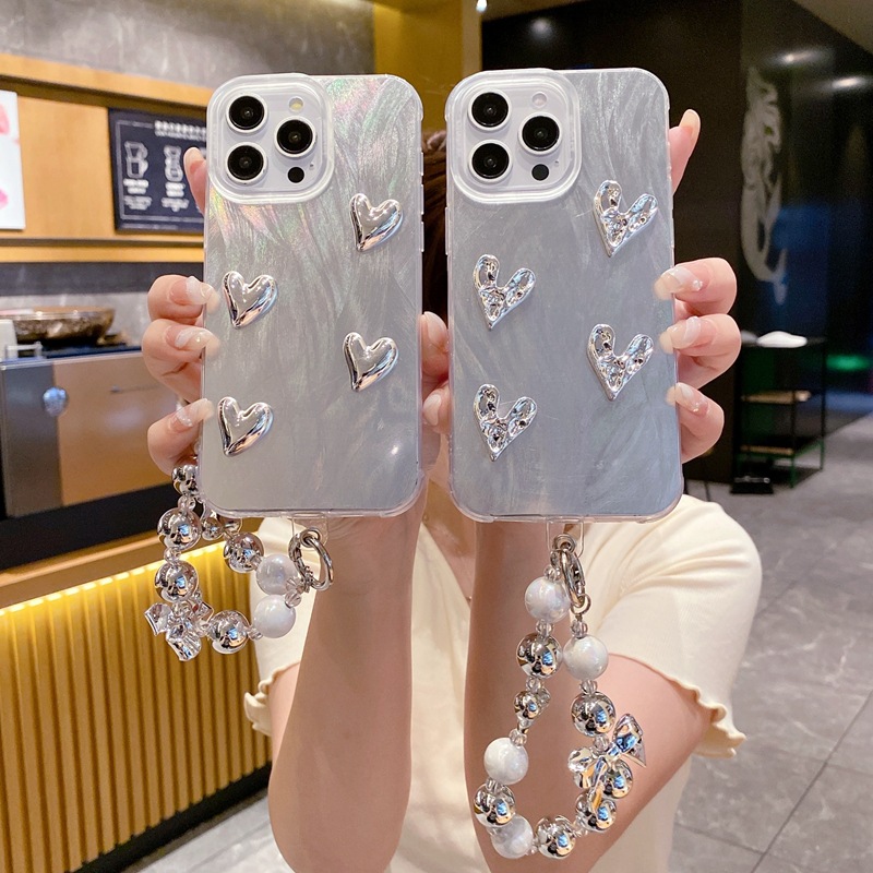立体褶皱爱心适用VIVO Y21D手机壳大孔IMD羽纱Y400高级银色手链
