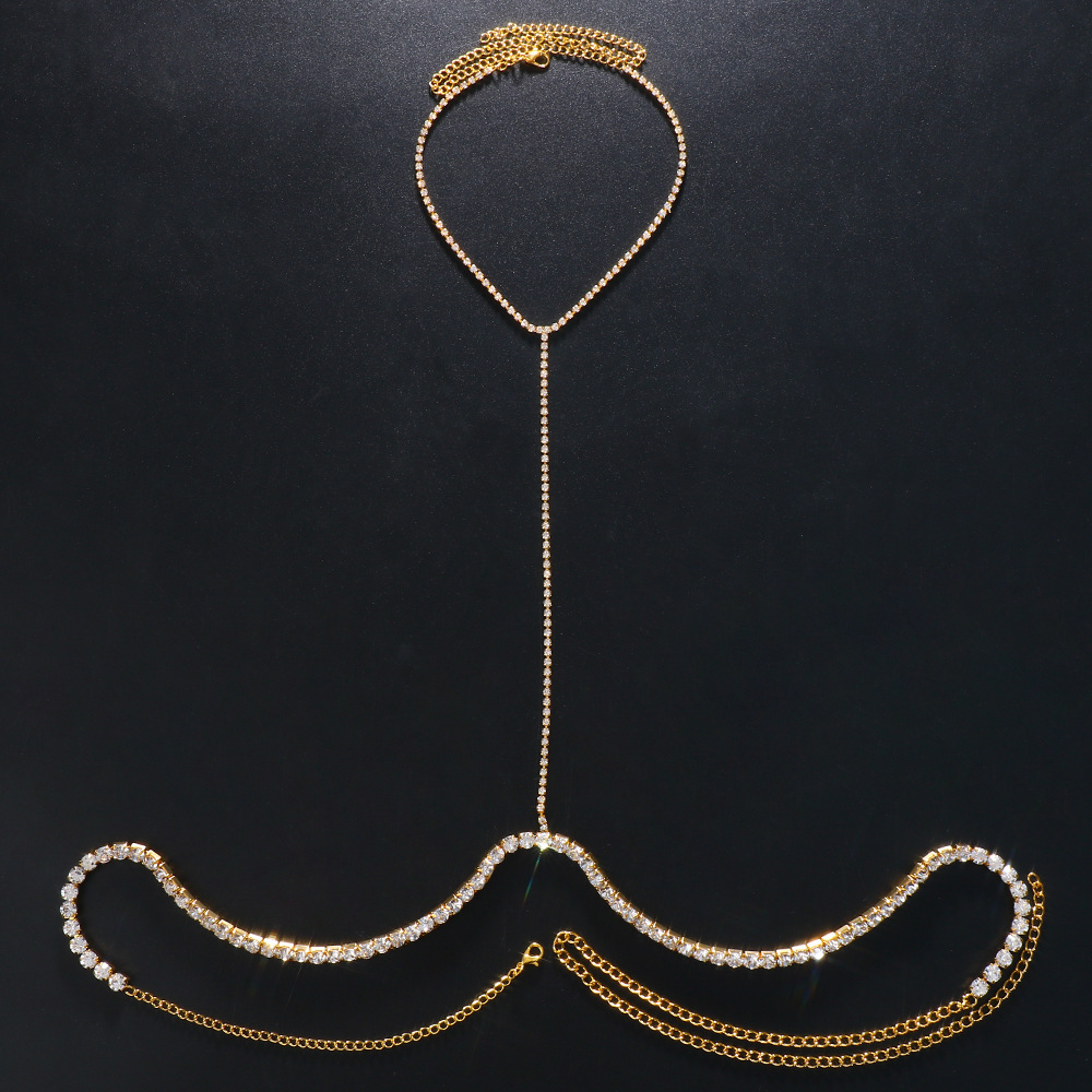 Europa y América transfronteriza rhinestone cadena del pecho sexy moda simple Halter curvado pecho soporte completo diamante cuerpo cadena accesorios cadena
