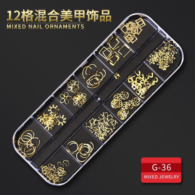 Juego completo transfronterizo de 12 compartimientos de remaches de metal, diamantes de imitación, Xingyue, piezas de concha de diamantes, accesorios para uñas, adornos para uñas