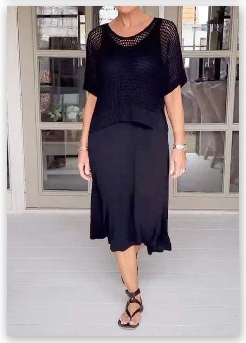 Cross-Border New Hollow Casual Solid Color Round Neck Knitted Sweater European And American Style Dress Set_ecoleips.com