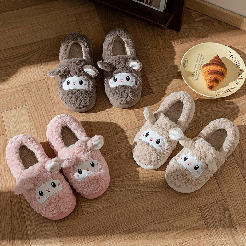 Thick-Soled Cotton Slippers for Women to Wear in Winter, Cartoon Cute Lambs, Warm Plush Indoor Home Bags and Confinement Cotton Shoes