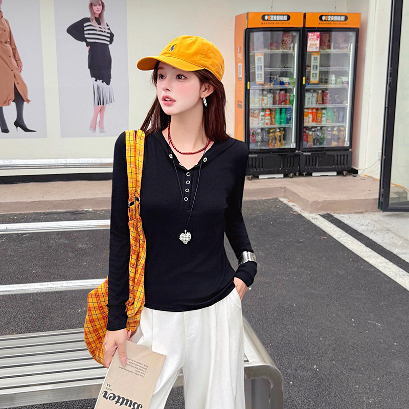 2025 New Autum Round Neck Bottoming Long-Sleeved T-Shirt Women's Hooded Collar Long-Sleeved Slim Slimming Look Short Top 2025 New Autum Round Neck Bottoming Long-Sleeved T-Shirt Women's Hooded Collar Long-Sleeved Slim Slimming Look Short Top