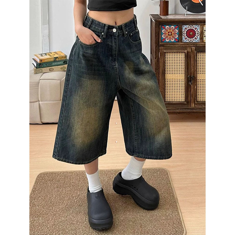 Plus Size Fat mm Three-Point Denim Shorts Women's Summer Retro American Loose Slimming Look High-Waisted Straight Wide-Leg Medium Pants Plus Size Fat mm Three-Point Denim Shorts Women's Summer Retro American Loose Slimming Look High-Waisted Straight Wide-Leg Medium Pants