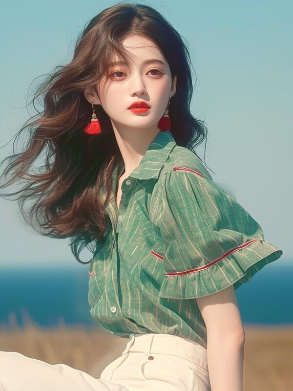 Trendy French-Style Chic Blouse for Summer, Unique and Super Stylish, Versatile Green Striped Puff Sleeve Shirt
