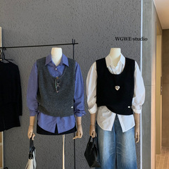 WGWE韩系复古百搭U领马甲背心+日常通勤长袖衬衫两件套装女W7134