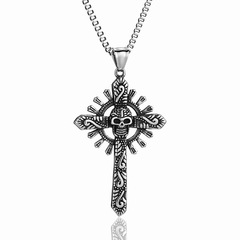 不鏽鋼骷髏頭十字架吊墜男  歐美跨境貨源鈦鋼男士鬼頭十字架項鍊