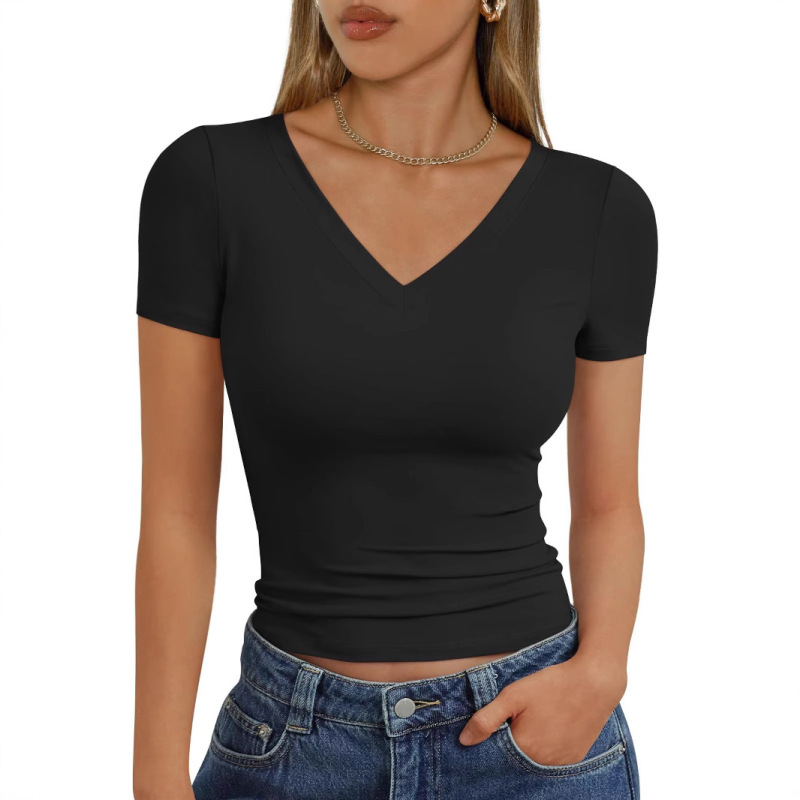Fashion Queen Women's Basic V-neck Short-sleeved T-shirt Slim-fit Navel-exposed Y2k T-shirt 2025 Summer Fashion Queen Women's Basic V-neck Short-sleeved T-shirt Slim-fit Navel-exposed Y2k T-shirt 2025 Summer