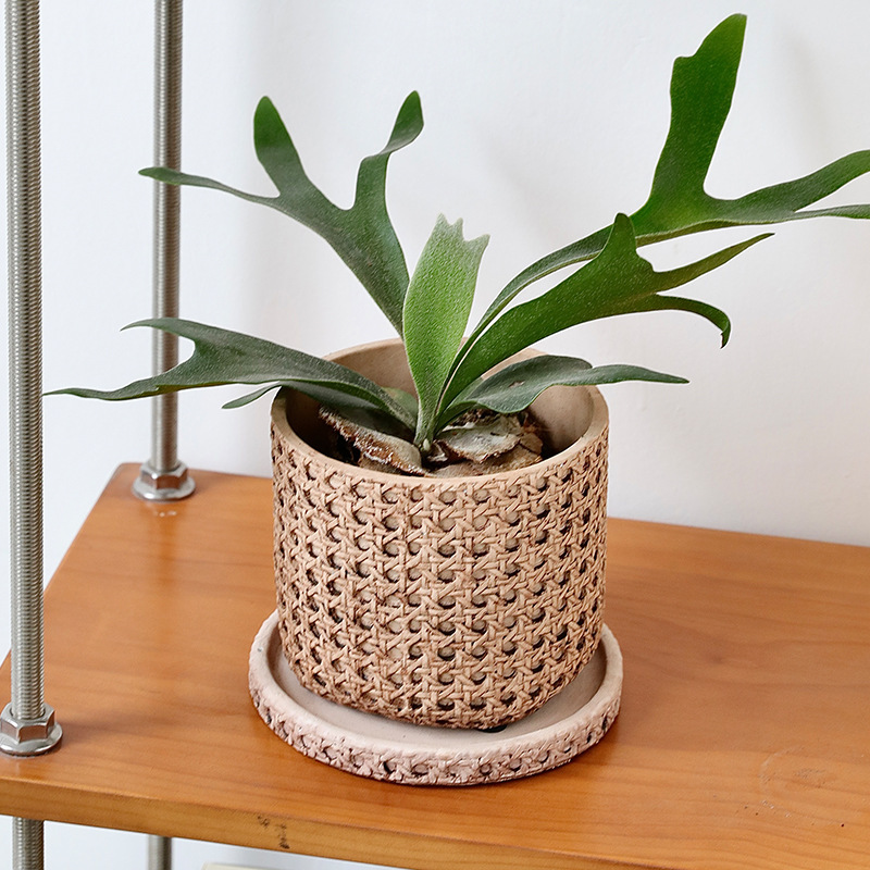 European Style Retro Cement Flower Pot Mediterranean Indoor Potted Woven Bamboo Woven Straw Woven Creative Green Plant Set Pot with Tray