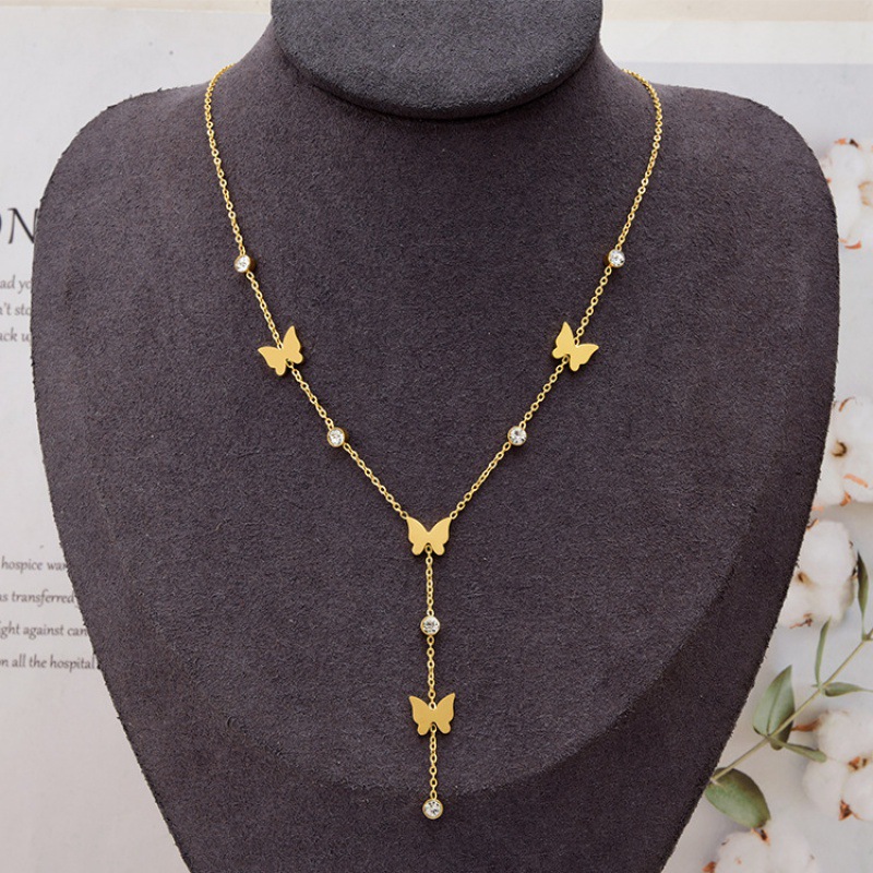 Butterfly Pattern Elegant Butterfly Titanium Steel Plating Artificial Diamond Necklace