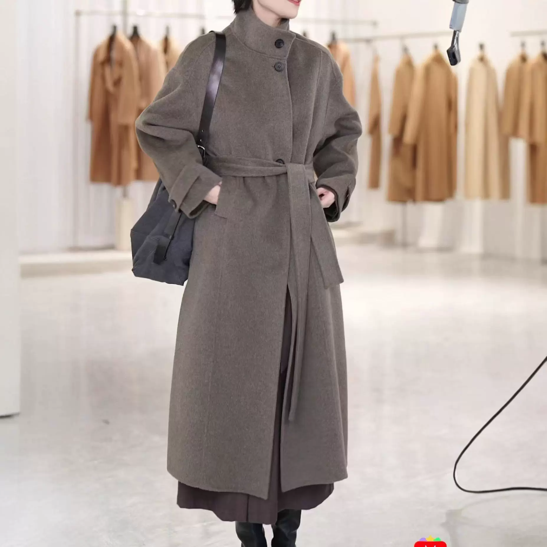 现货轻盈保暖双面尼大衣女立领单排扣腰带羊毛羊绒长款毛呢外套