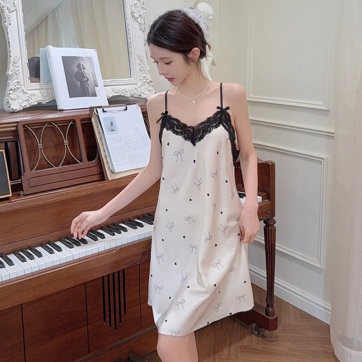 2025 verano hielo y nieve pijama de seda chica pura libido de viento esling arco de encaje impresión pijama ropa de hogar sexy