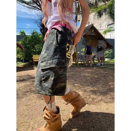 美式复古迷彩多口袋工装裤男女国潮原创宽松直筒阔腿设计七分短裤