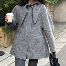 韩国女装高货气质温柔甜美系带蝴蝶结领连帽保暖毛呢外套大衣