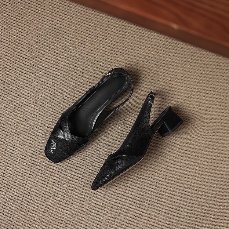 Sandal cao gót nữ hở mũi da cừu lưới phối màu quai ngang khóa — màu đen, màu trắng ngà chi tiết 62