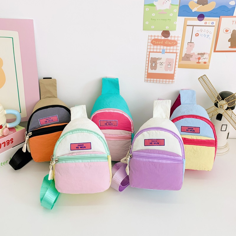 New cross-border color-blocking macaron children's chest bag, lightweight crossbody waist bag for girls, simple and fresh travel coin purse