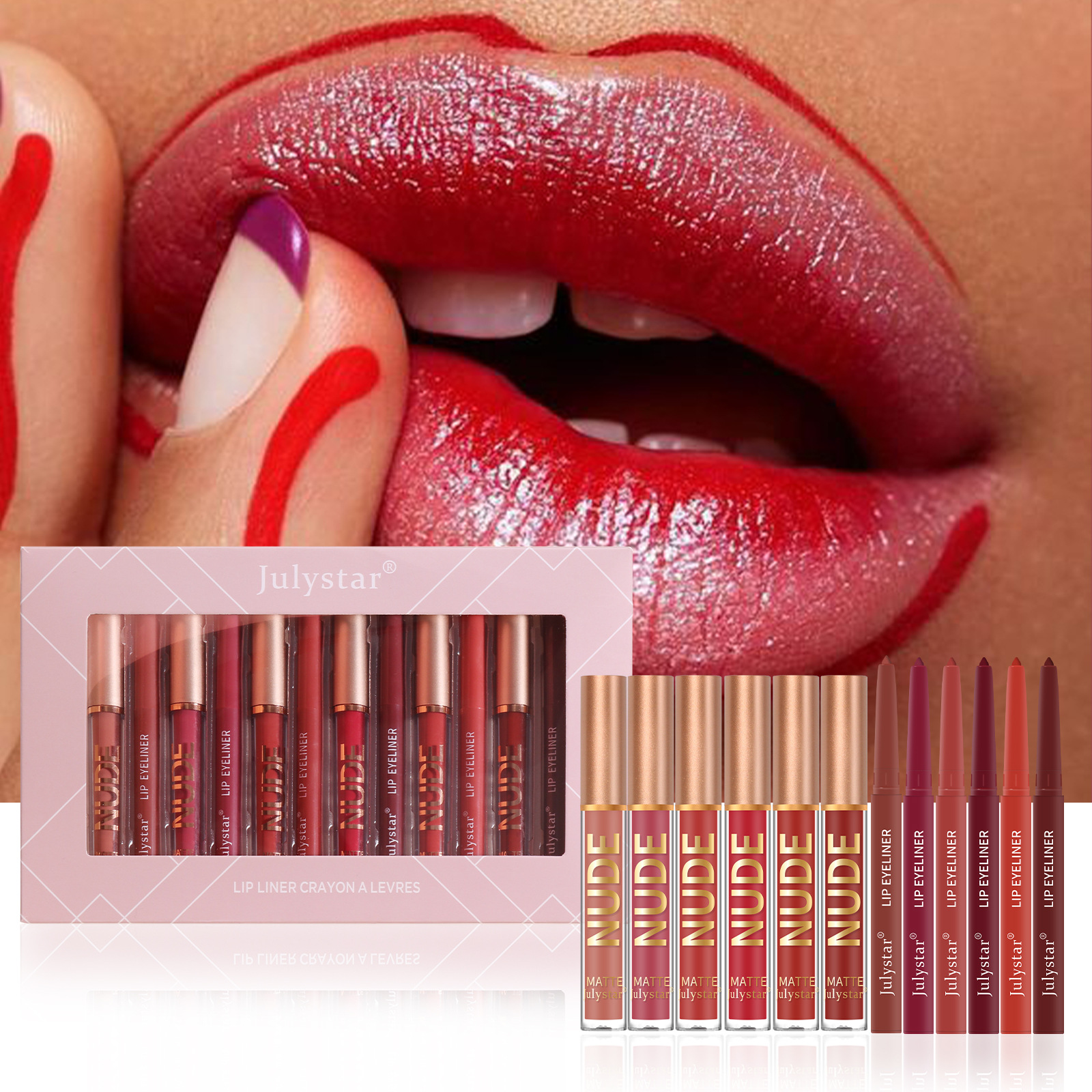 Julystar Makeup bestseller Non-stick cup mouth red pen Cross-border European and American waterproof long-lasting matte lip gloss lip liner pen undefined