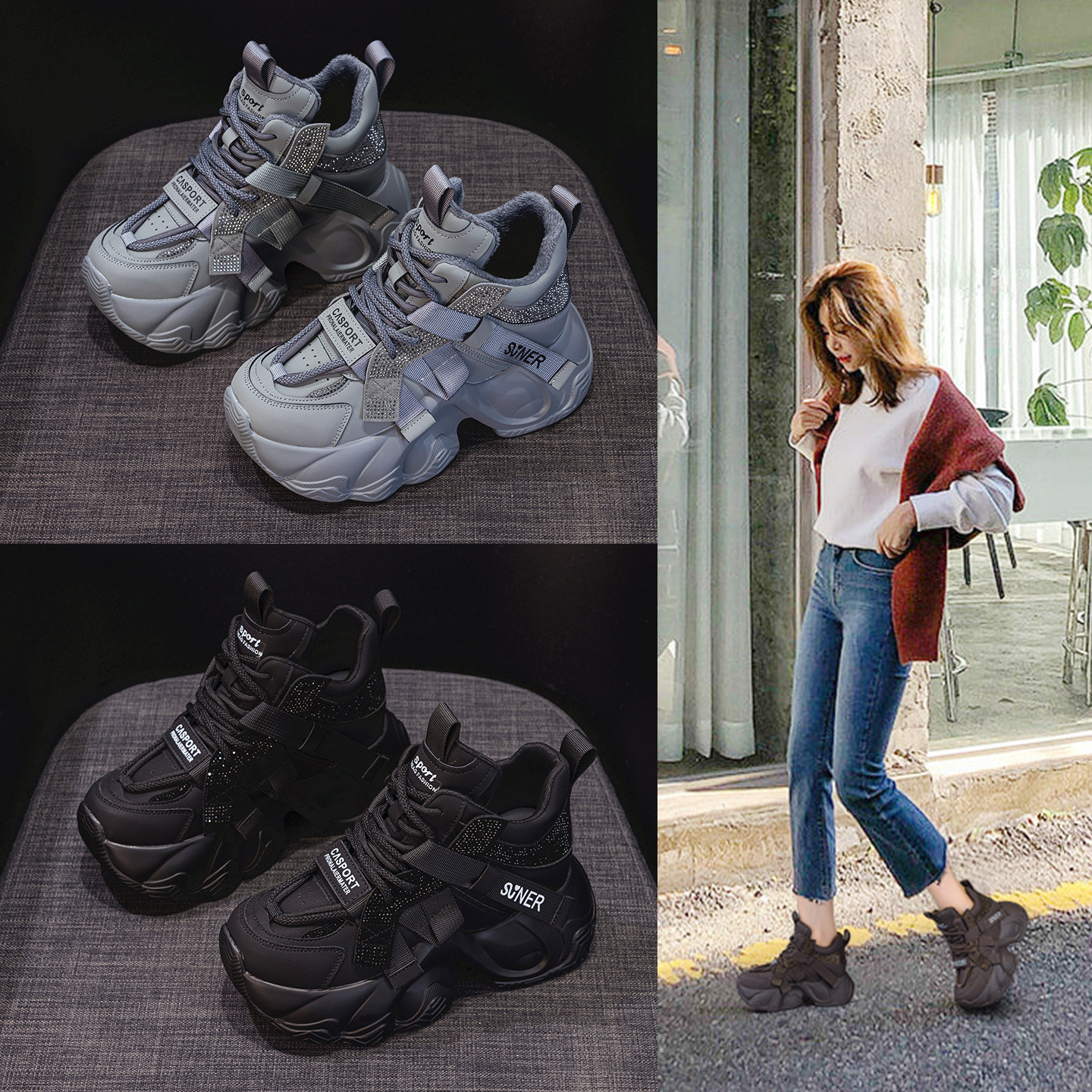 Giày sneaker nữ chunky đế dày tăng chiều cao 8cm, đính đá pha lê, dây buộc thời trang — M2991 lót đơn màu đen, M2991-1 plus nhung nâu, M2991 lót đơn màu xám, M2991-1 plus nhung xám