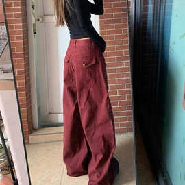 安可拉红色工装牛仔裤女秋冬慵懒松弛感高腰宽松显瘦阔腿拖地裤子