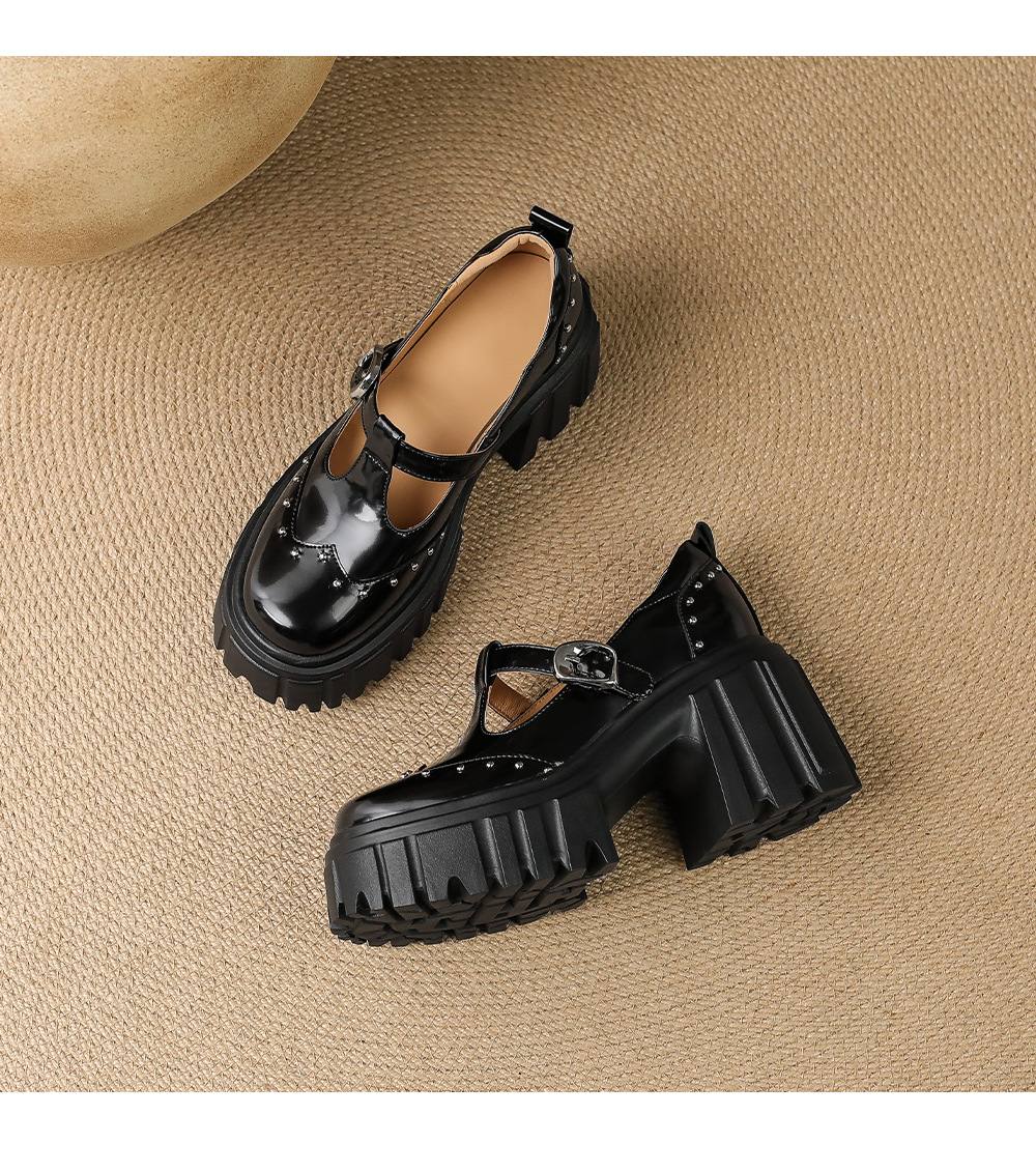 Giày Mary Jane cao gót da thật 9cm, đế bánh xốp, khóa chữ T, gót thô — Màu đen chi tiết 15