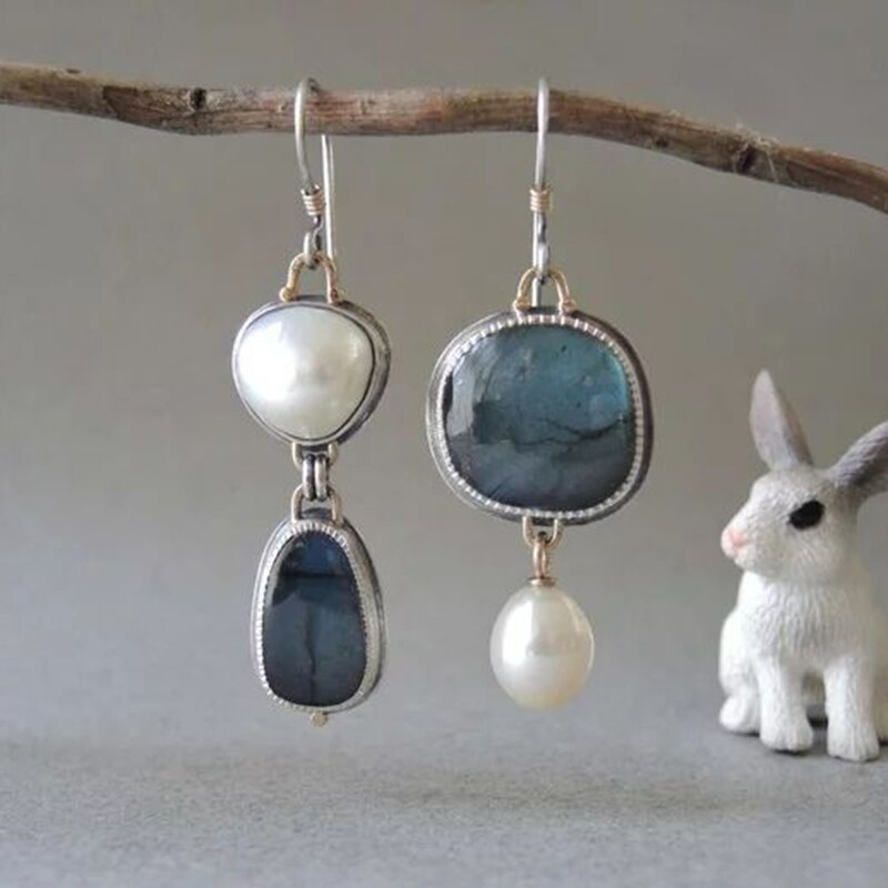 Asymmetrical Blue Agate Pattern Earrings with Pearls, European and American Retro Creative Exaggerated Style for Women