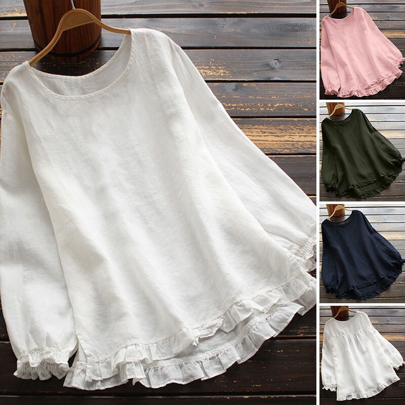 A large number of in stock cross-border foreign trade new women's cotton and linen loose ruffled foot cuffs round neck long sleeve shirt