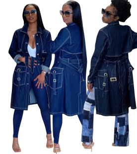 M8930 Cross-border Amazon European and American Clothing New Long-sleeved Denim Windbreaker Jacket Cardigan Denim Cloak