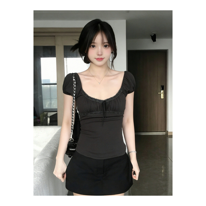 In-Stock 260g Rayon Gray Regular Shoulder U-Neck Short-Sleeve T-Shirt for Women, Summer Lace Trim, Slim Fit, Waist-Cinching