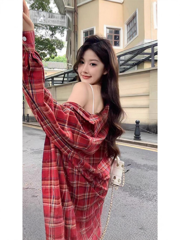 红格纹长袖衬衣女宽松外穿衬衫复古春秋百搭休闲港风上衣|undefined